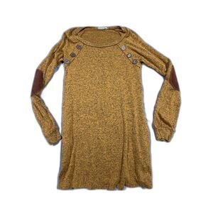 Twenty Second Mustard Yellow Knit Tunic Top  Suede Elbow Patches & Buttons Small